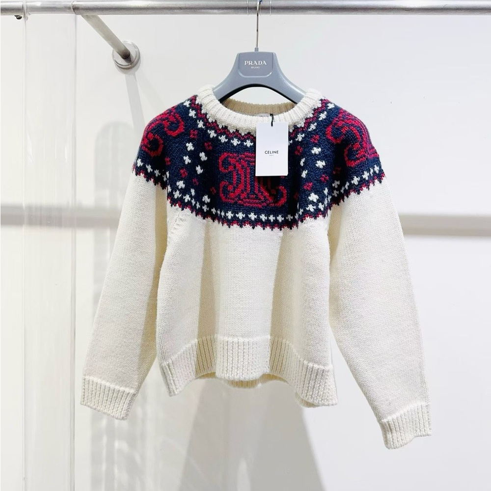 Authentic Celine Cream and Navy Patterned Sweater